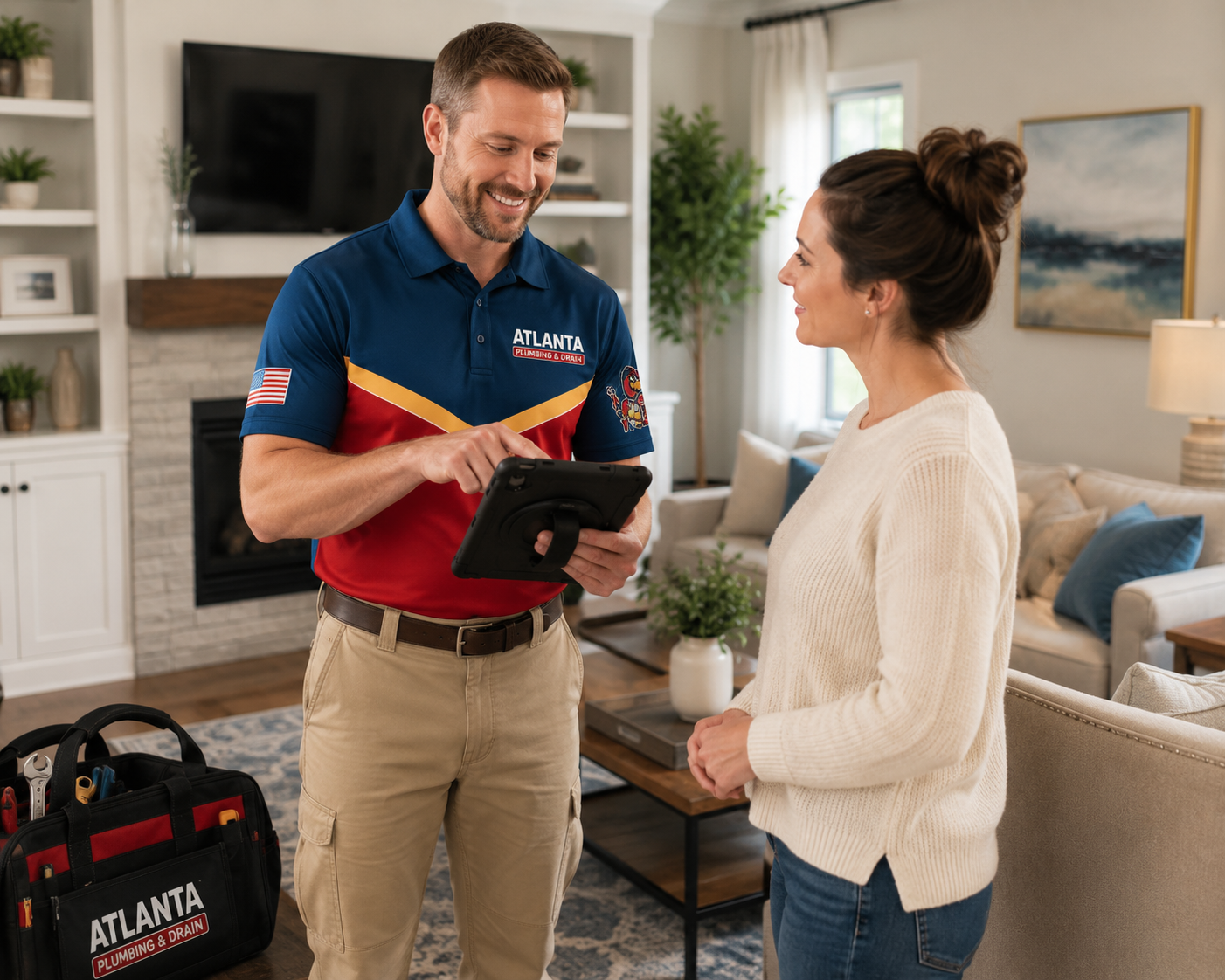 Atlanta Plumbing & Drain technician showing drain-camera findings to a homeowner